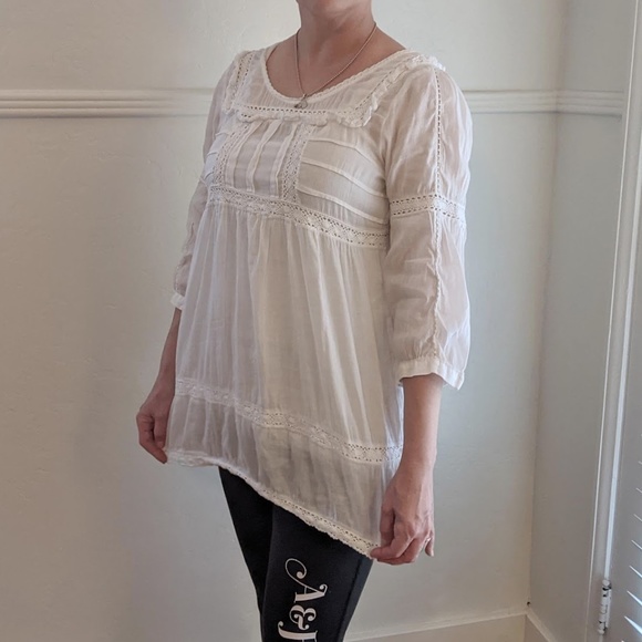 ZARA 🌸 Basic White 3/4 Sleeves Lace Embroidered Blouse Top Shirt Tunic - MED - Picture 7 of 10